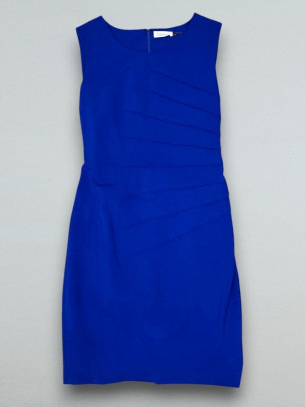 Blue Ruched Sheath Career Cocktail Midi Dress Sleeveless Size 6